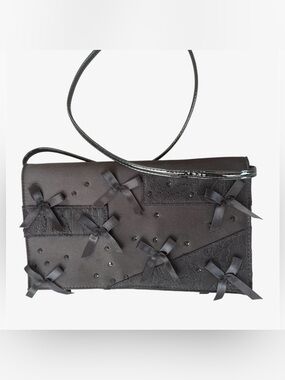 Prabal Gurung Black Satin Clutch Lace Bow Rhinestone Evening Bag EUC